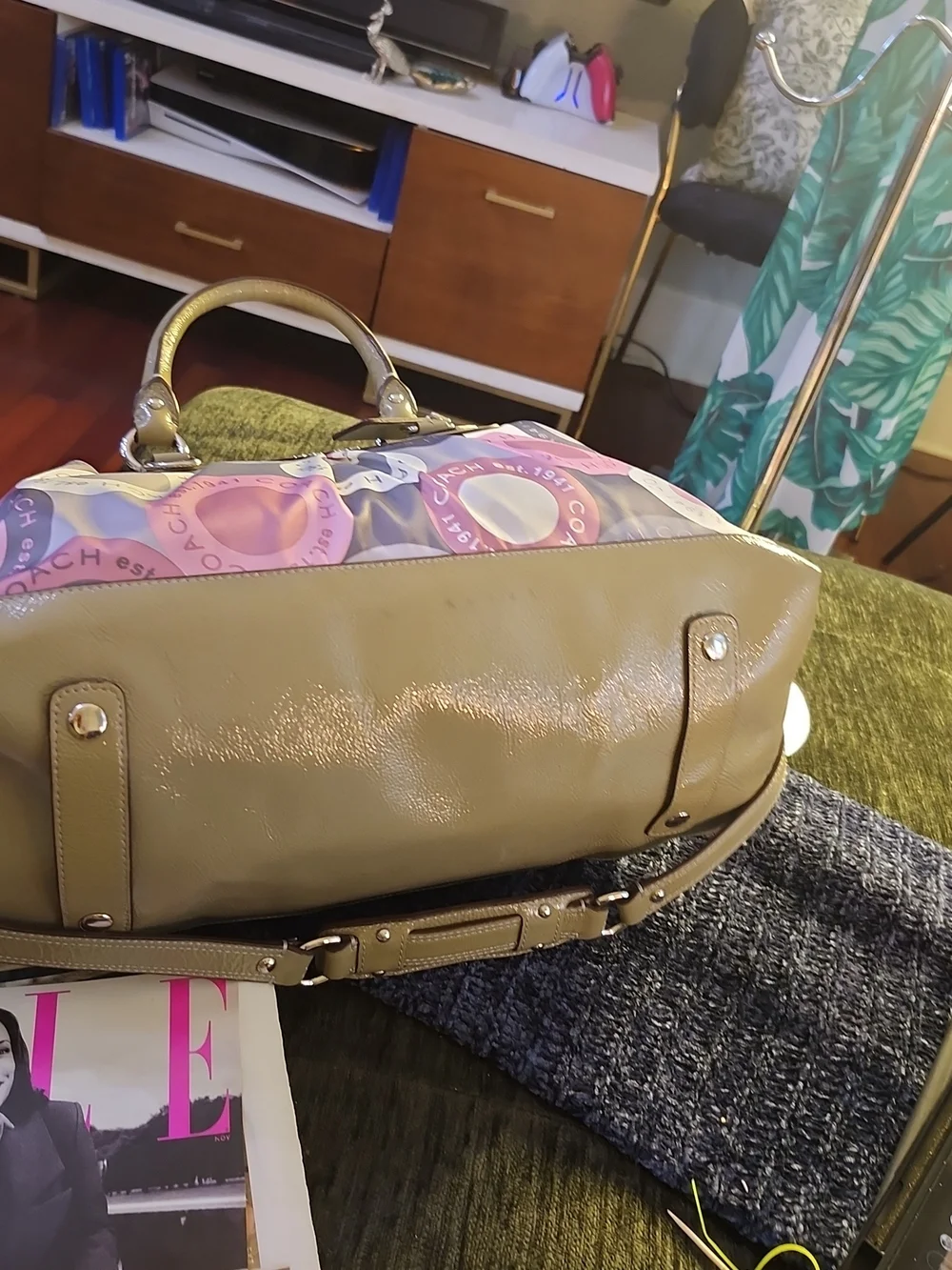 Coach Ashley Snaphead Satchel W/Pink & Olive Circle-Print Satin & Patent Trim - Picture 8 of 16